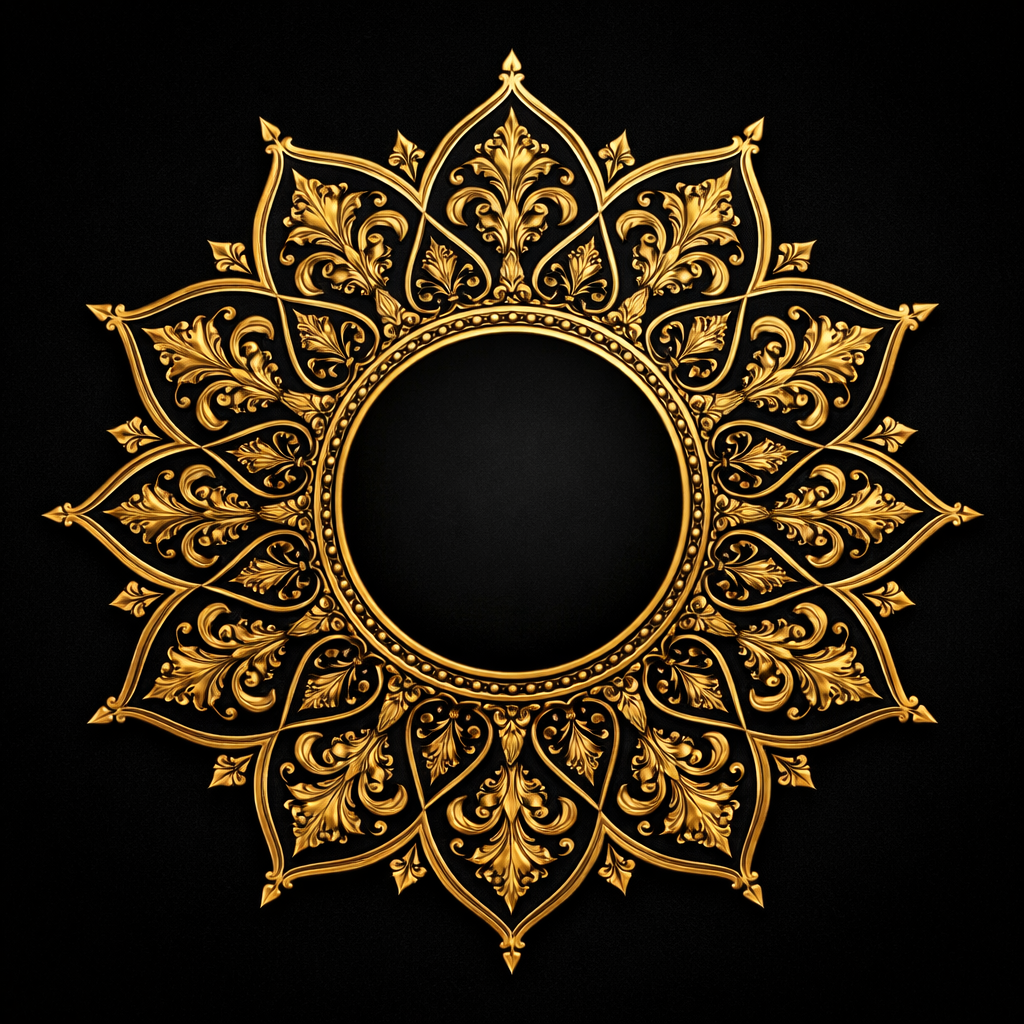 Golden 12-pointed rosette star medallion radiating outward with ornate floral arabesques on deep black background -- Alhamdulillah Islamic wallpaper HD